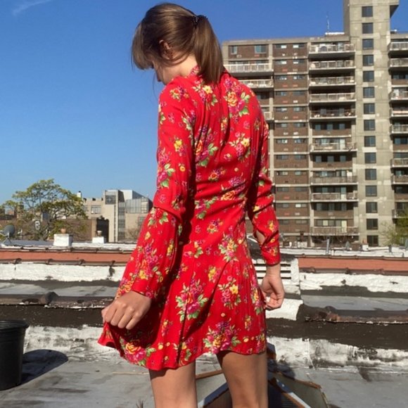 & OTHER STORIES Pleated Long Sleeve Shirt Dress Floral Red - Picture 2 of 9